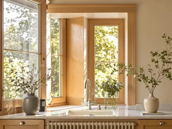 Fenêtres en bois restaurées dans une cuisine lumineuse