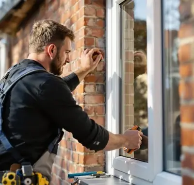 Technicien réparant un châssis PVC dans une façade en brique