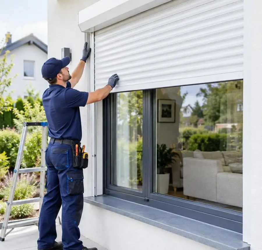 Technicien réparant un volet roulant sur une façade