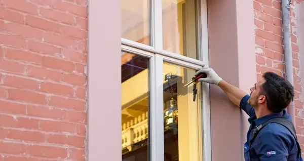 Technicien réglant la quincaillerie d'un châssis bois sur une façade en briques